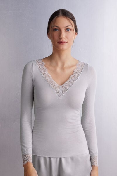 T-shirt manches longues en cachemire et dentelle