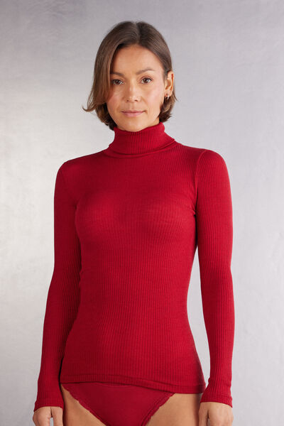 Long-sleeve High-Neck Tubular Top in Wool and Silk