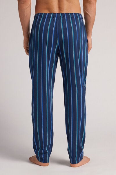 Lacivert/Mavi Çizgili Baskılı Pamuklu Uzun Pantolon