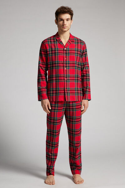 Langer Pyjama aus angerautem Stoff mit Schottenprint