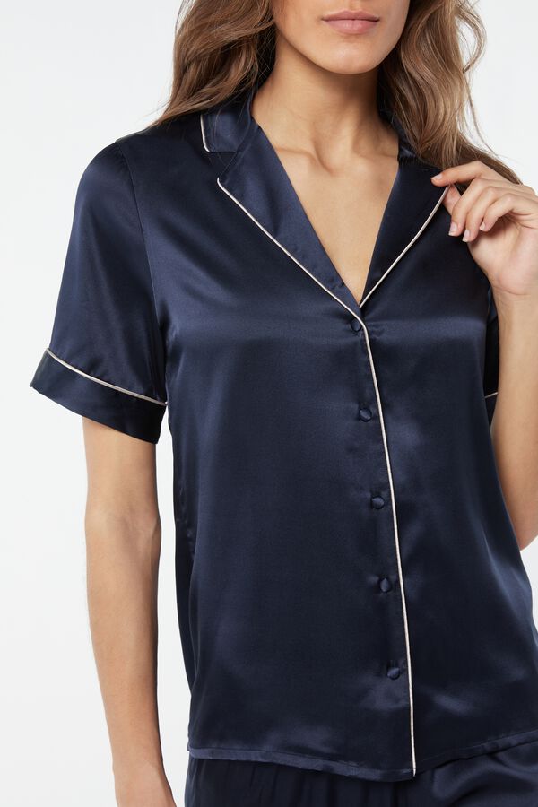 Short-Sleeved Silk Satin Top with Front Opening