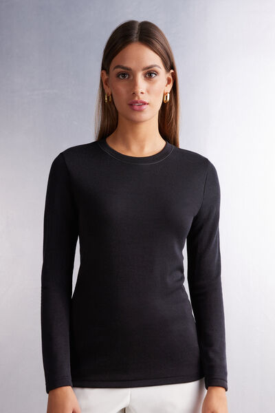 Long-Sleeved Round-Neck Wool & Cotton Top