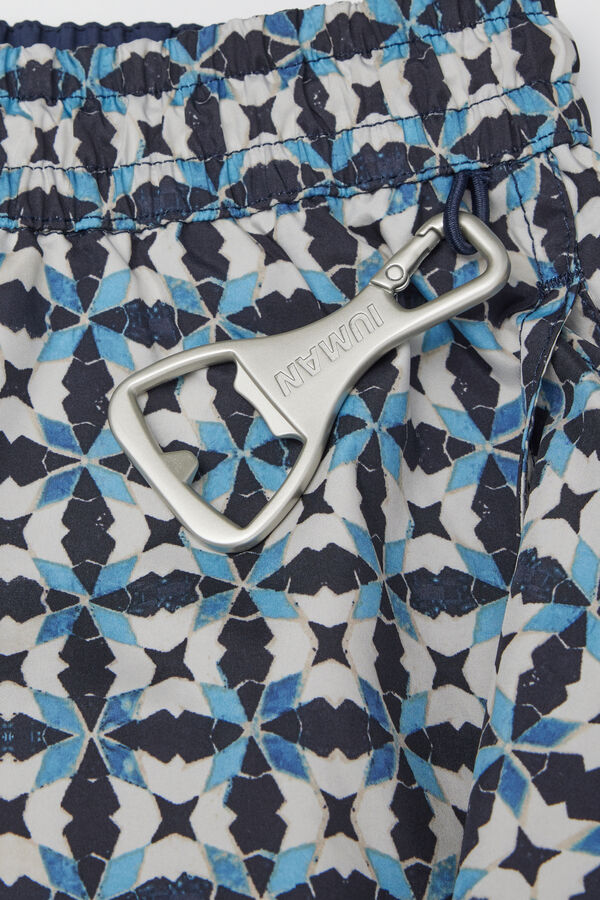 Reversible Swim Trunks with Multi-Coloured Blue Print