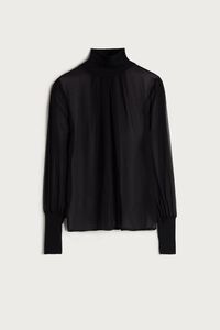 Camisa de Seda con Cuello Vuelto y Mangas Abombadas