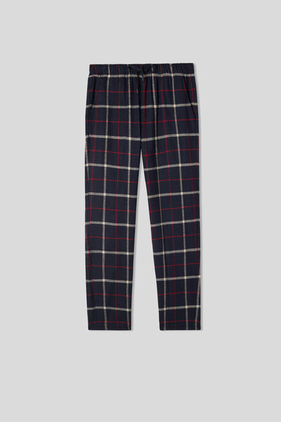Dlouhé Kalhoty z Česaného Plátna s Tmavě béžovo-Červeným Kostkovaným Vzorem