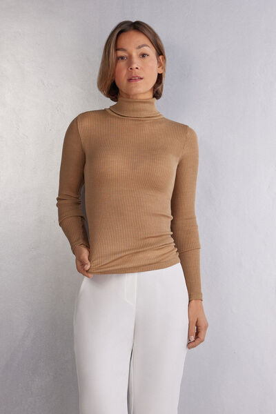 Long-sleeve High-Neck Tubular Top in Wool and Silk