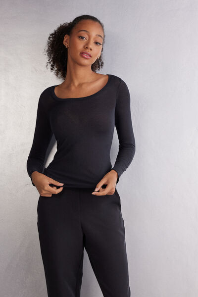 Maglia Manica Lunga Modal Ultralight con Cashmere Scollo Madonna