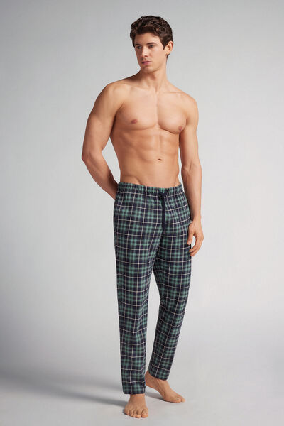 Pantaloni Lunghi in Cotone Stampa Check Blu/Verde