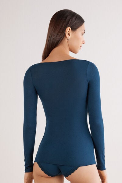 Camiseta con cuello barco en cashmere de manga Larga