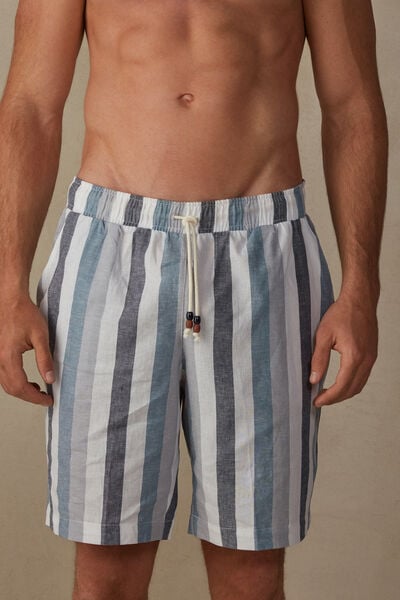 Pantaloni Scurți din In și Bumbac Macro-Dungi