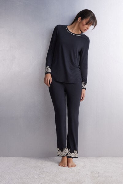 Pantalone Lungo in Modal con Balza Pretty Flowers