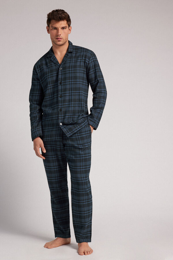 Full-Length Blue Checked Brushed Plain-Weave Cotton Pyjamas