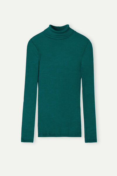 Long-sleeve High-Neck Tubular Top in Wool and Silk
