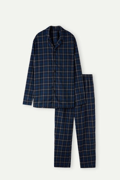 Pijama Comprido em Tela de Algodão Azul Padrão Xadrez