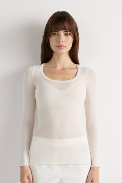 Maglia Manica Lunga Modal Ultralight con Cashmere Scollo Madonna