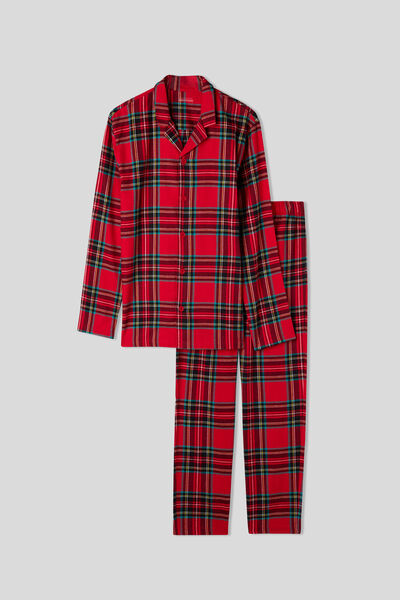 Pijama Lungă Imprimeu Tartan din Pânză Flanelată