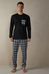 Langer Pyjama mit Schottenkaromuster in Denimblau und Grau