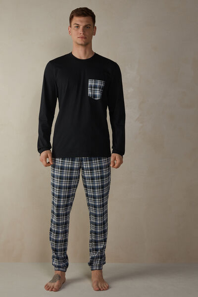 Full-Length Blue Denim and Grey Tartan Pyjamas