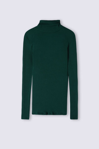 Long-sleeve High-Neck Tubular Top in Wool and Silk