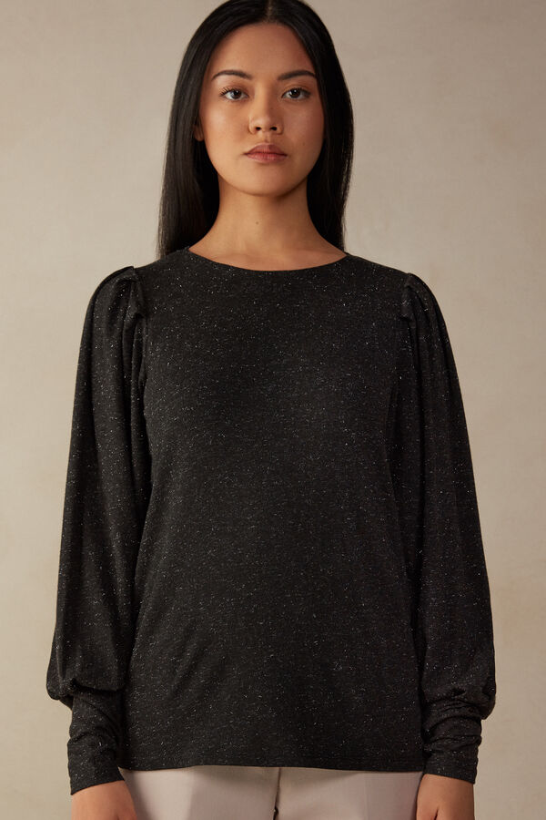 Light Modal with Lamé Cashmere Long Puff-Sleeve Top