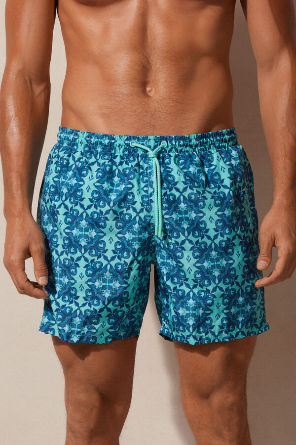 Blue Moroccan-Print Swim Shorts