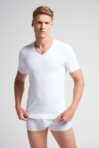 T-shirt Scollo a V in Cotone Superior Elasticizzato