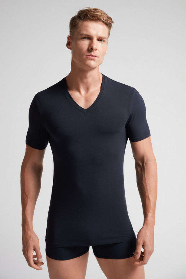 T-Shirt met V-Hals van Extrafijne Superieur Stretchkatoen
