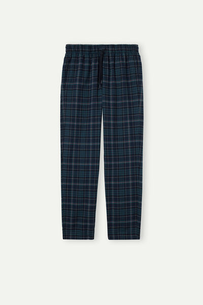 Full-Length Trousers in Green and Blue Plaid Brushed Fabric