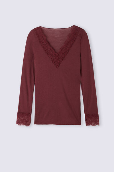 T-shirt manches longues avec cachemire ultraléger et dentelle