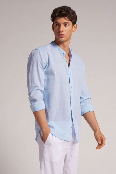Camicia Collo Coreana in Lino e Cotone