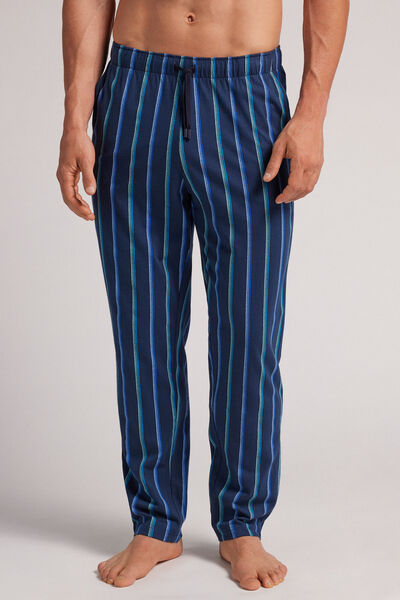 Dlouhé Bavlněné Kalhoty s Modro-Azurovým Pruhovaným Potiskem