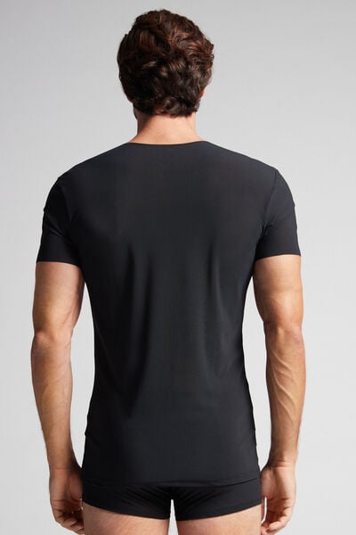 T-shirt in Microrete Taglio Vivo con Scollo a V