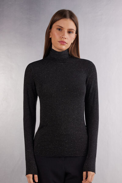 Light Modal with Lamé Cashmere High-Neck Top