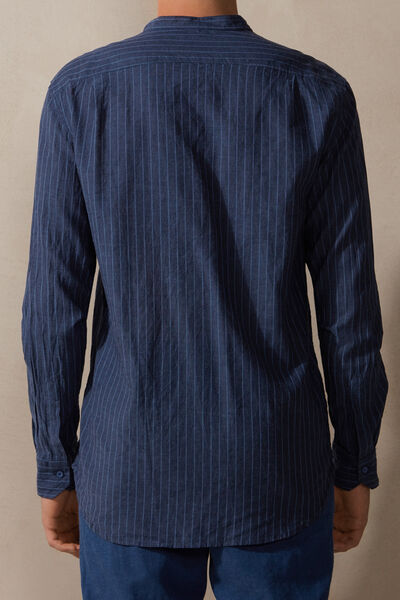 Stehkragenhemd aus Leinen und Baumwolle blau mit Streifen