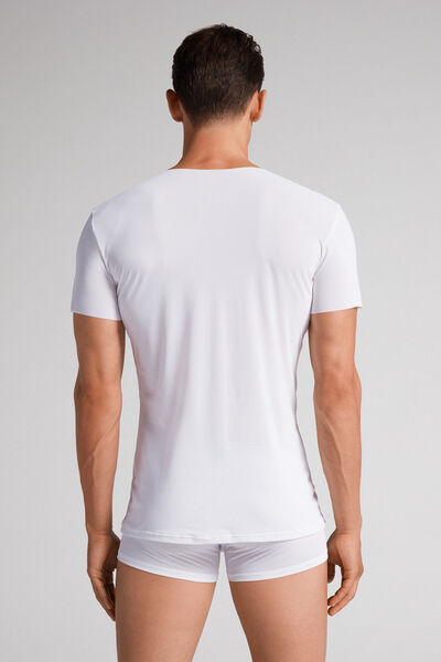 T-shirt in Microrete Taglio Vivo con Scollo a V