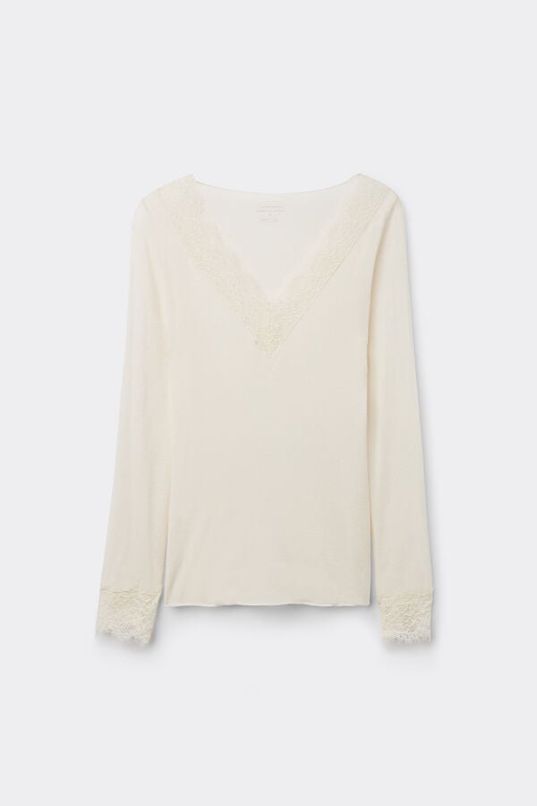 T-shirt manches longues en cachemire et dentelle