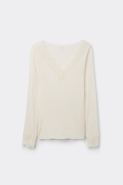 T-shirt manches longues en cachemire et dentelle