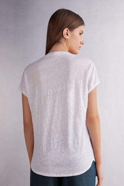 Camiseta de Manga Corta con Escote de Pico de Lino