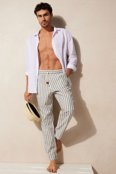 Blue Striped Linen and Cotton Trousers