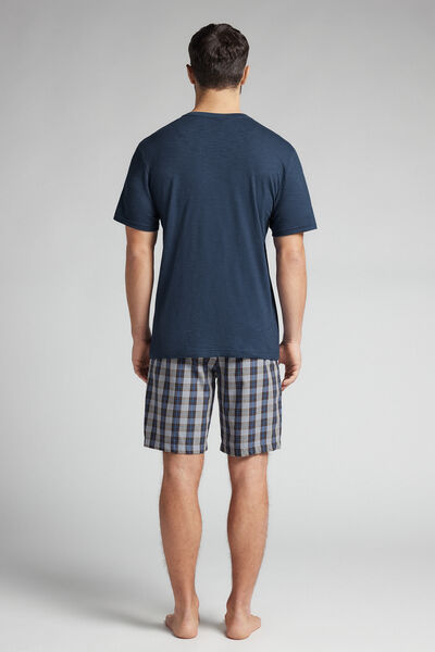 Short Checked Denim Plain-Weave and Cotton Pyjamas
