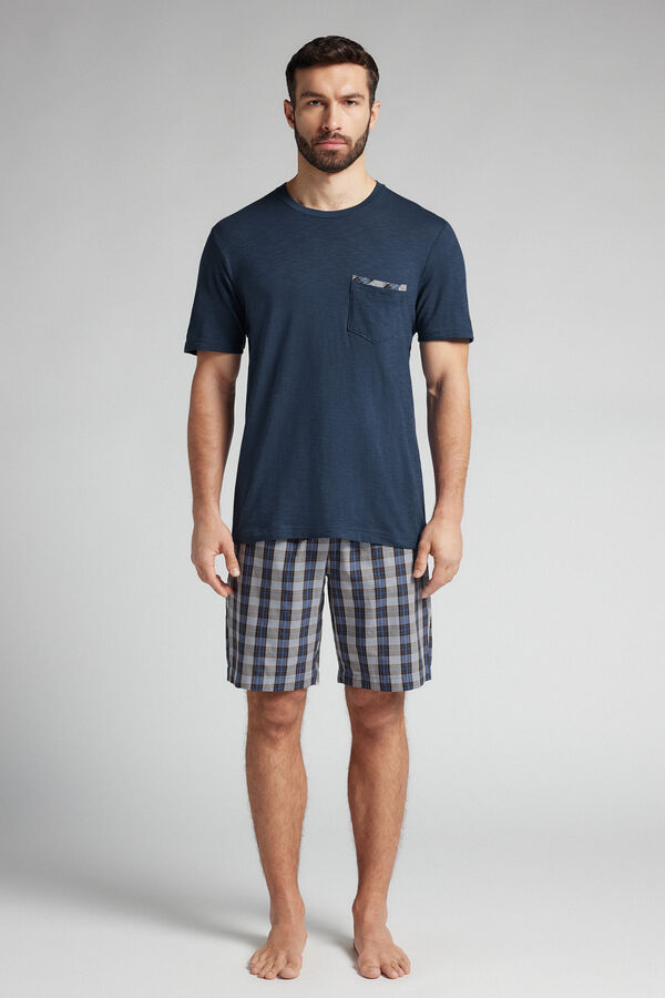 Short Checked Denim Plain-Weave and Cotton Pyjamas
