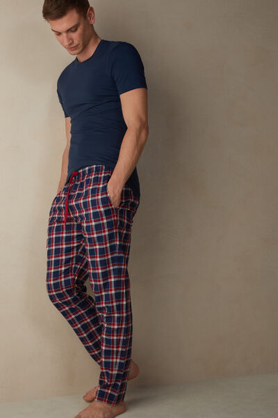 Pantalone Stampa Tartan Blu/Rosso in Tela di Cotone
