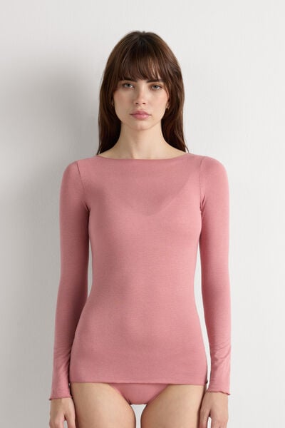 Maglia Manica Lunga in Modal con Cashmere e Scollo a Barchetta