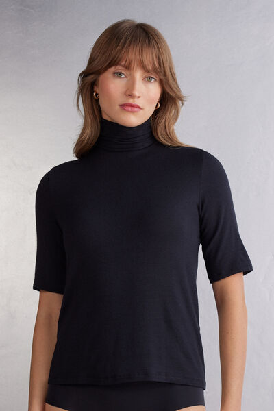 Modal and Cashmere Light Blend Short Sleeved High Collar Top
