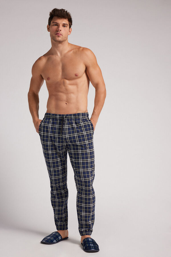 Blue Tartan Pattern Cotton Full-Length Pants