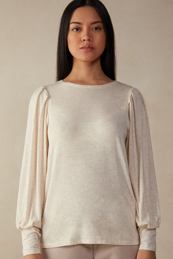 Light Modal with Lamé Cashmere Long Puff-Sleeve Top