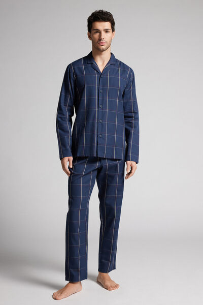 Full-Length Check Pattern Open Pyjamas in Plain-weave Cotton