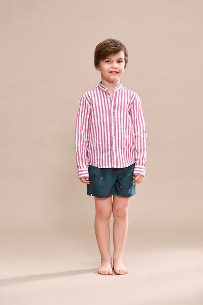 Camisa con Cuello Mao de Rayas Rojas de Lino y Algodón para Niños