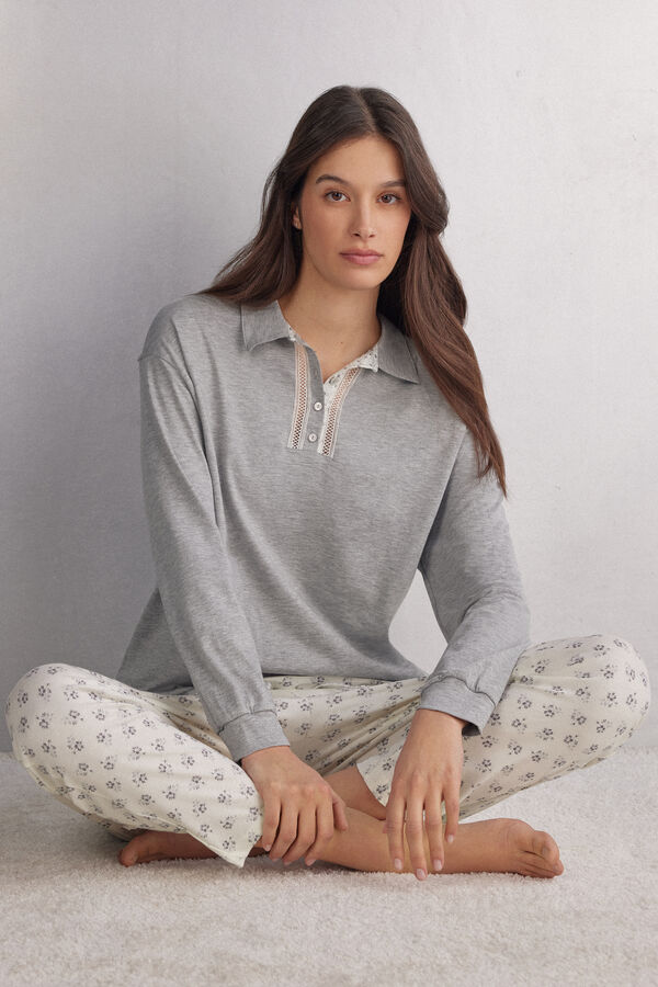 Dusty Flower Long-Sleeved Superior Cotton Polo Top