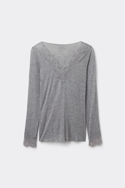 T-shirt manches longues en cachemire et dentelle